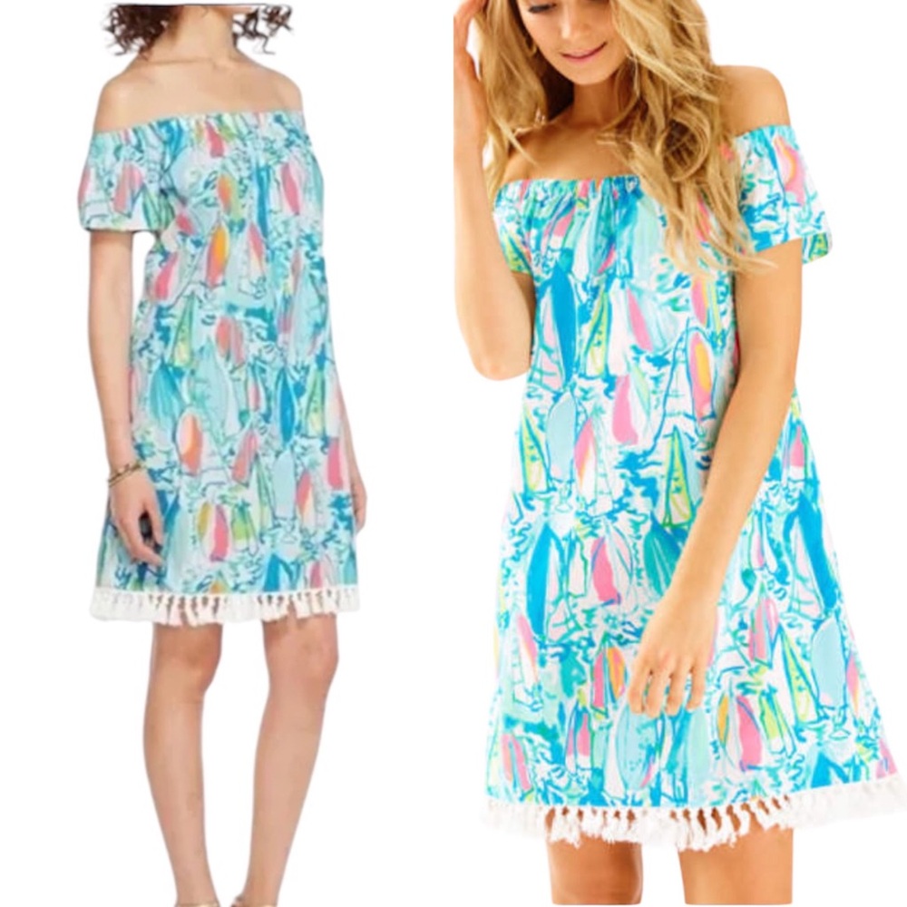 Lilly Pulitzer Bae Sunglow Blue Pink Sailboat Off Shoulder Dress Small